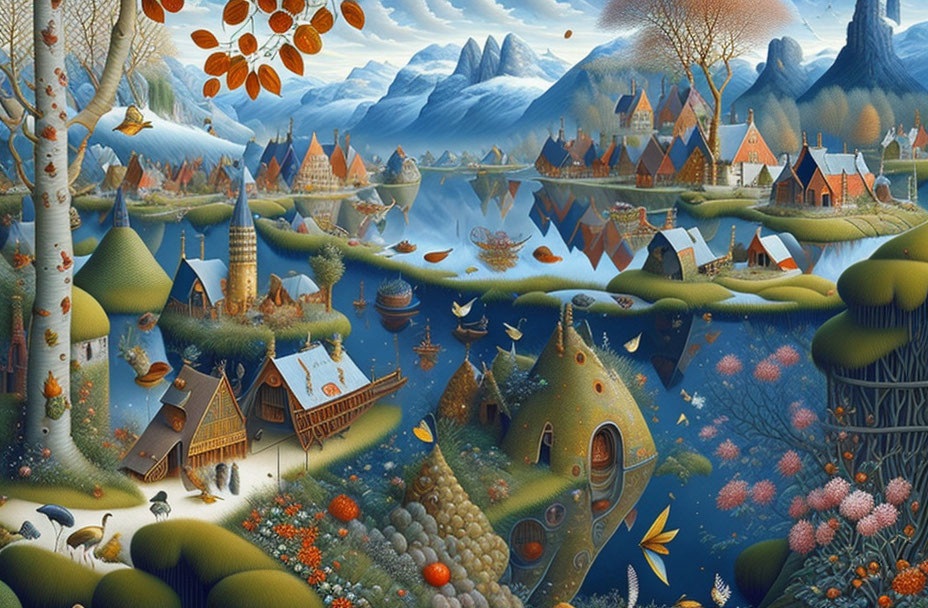 Colorful Storybook Landscape with Houses, Flora, Mountains, and Animals