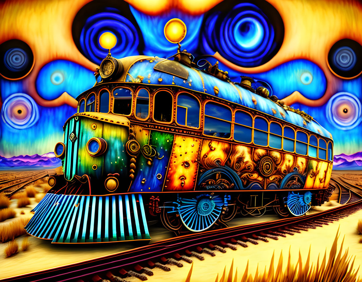 Colorful Psychedelic Train Illustration with Swirling Skies and Abstract Landscape