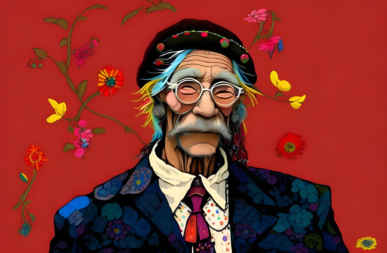 Vibrant illustration: elderly person in beret, round glasses, patterned clothing, and floral