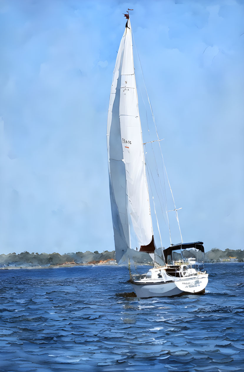 White Sailboat Sailing on Blue Water with Hazy Shoreline Background