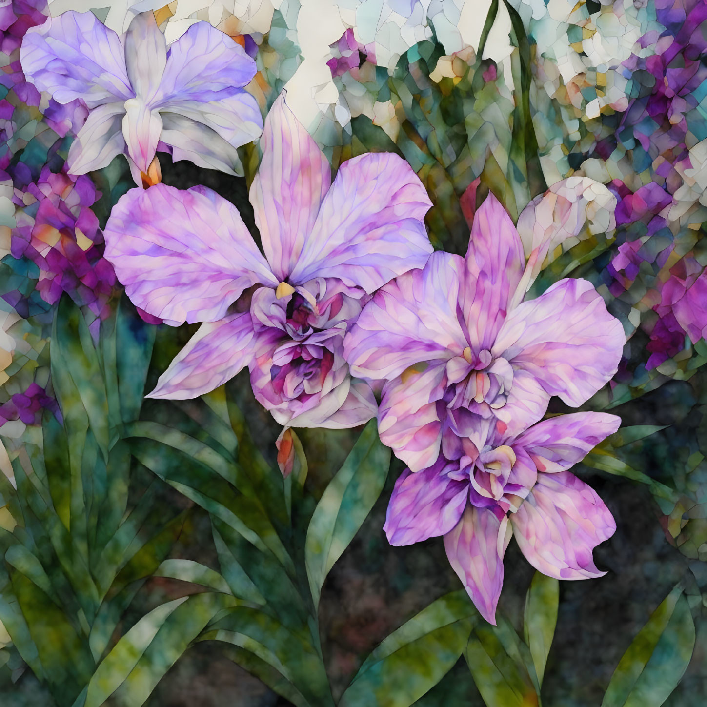 Vibrant Purple Orchids with Mosaic-Like Background in Digital Painting