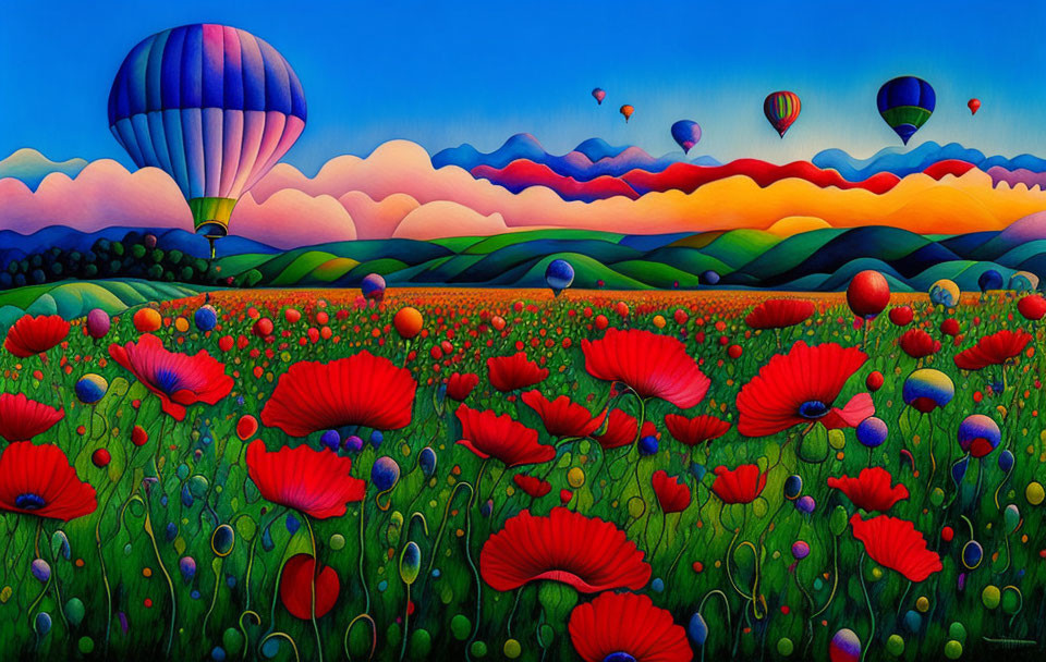 Colorful Poppy Field Painting with Hot Air Balloons in Blue Sky