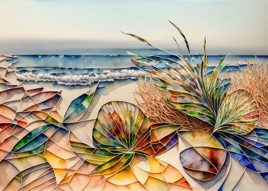 Vibrant Paper Art: Beach Scene with Ocean Waves, Sand, and Palm Plants