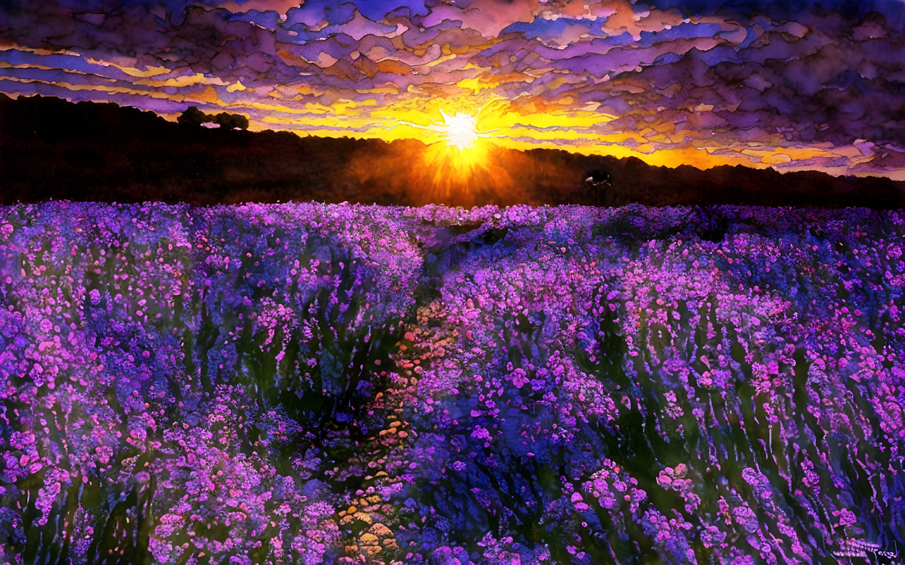 Purple Flowers Field Under Orange and Purple Sunset Sky