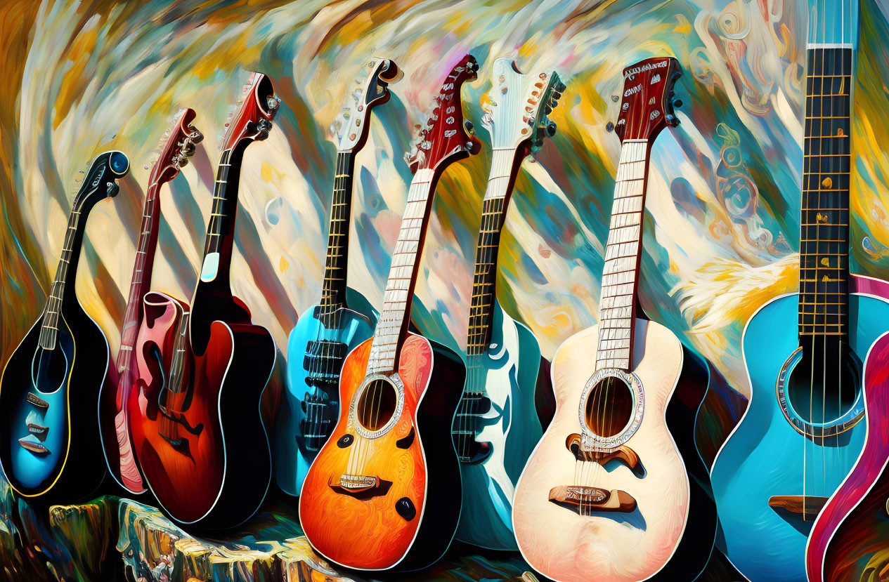 Assorted guitars against colorful swirling background