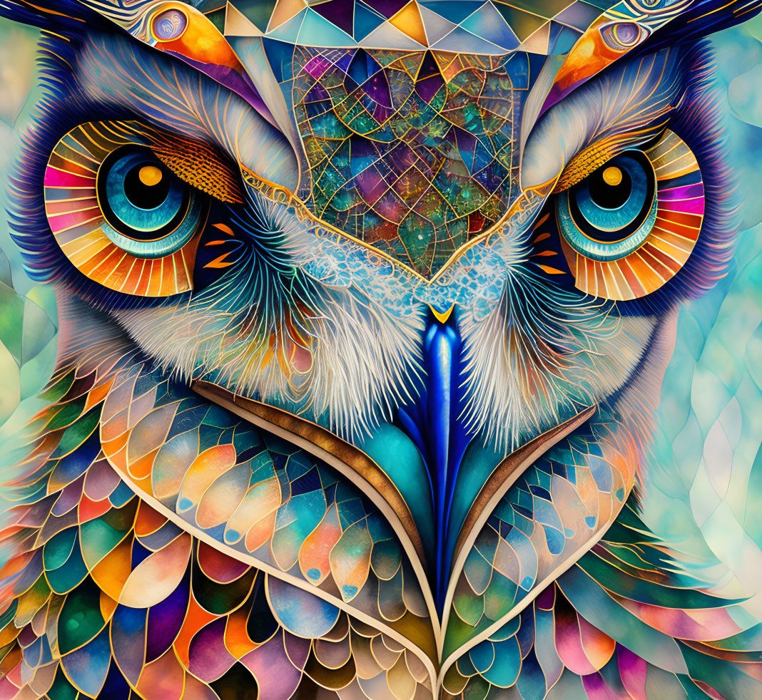 Vibrant owl illustration with intricate mosaic-like patterns