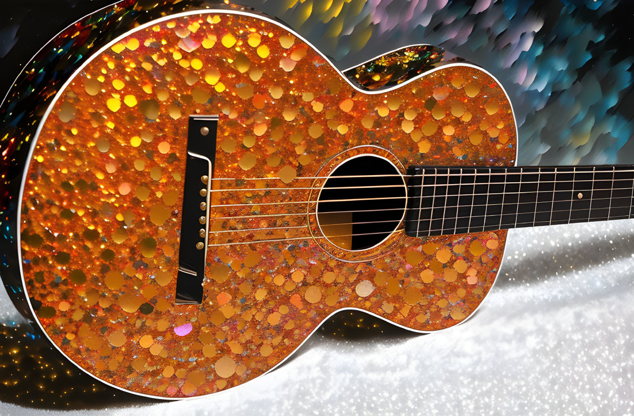 Glittery orange galaxy-themed acoustic guitar on monochrome backdrop