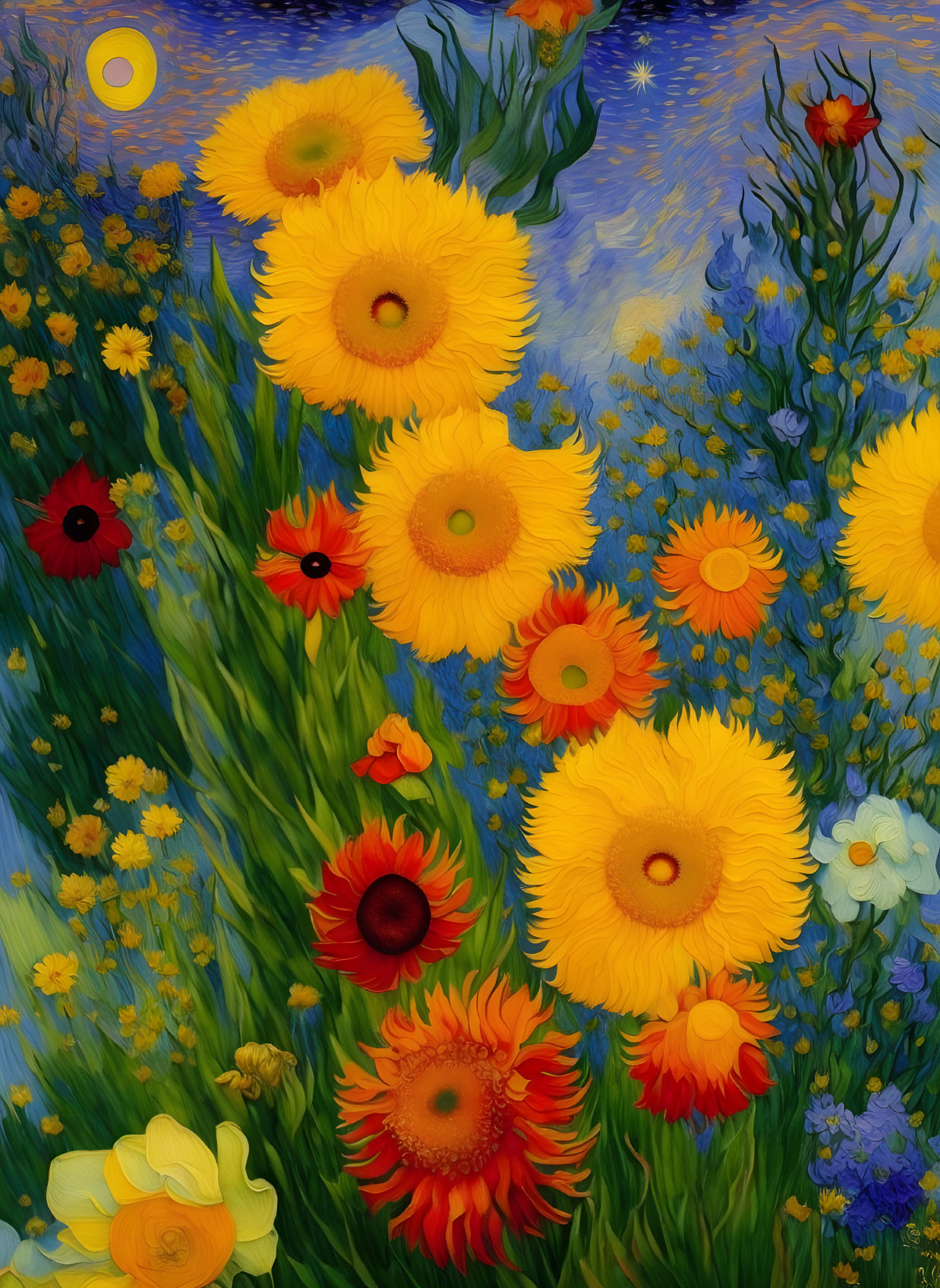 Colorful floral painting with dreamy blue background capturing sunflowers, poppies, and wildflowers.