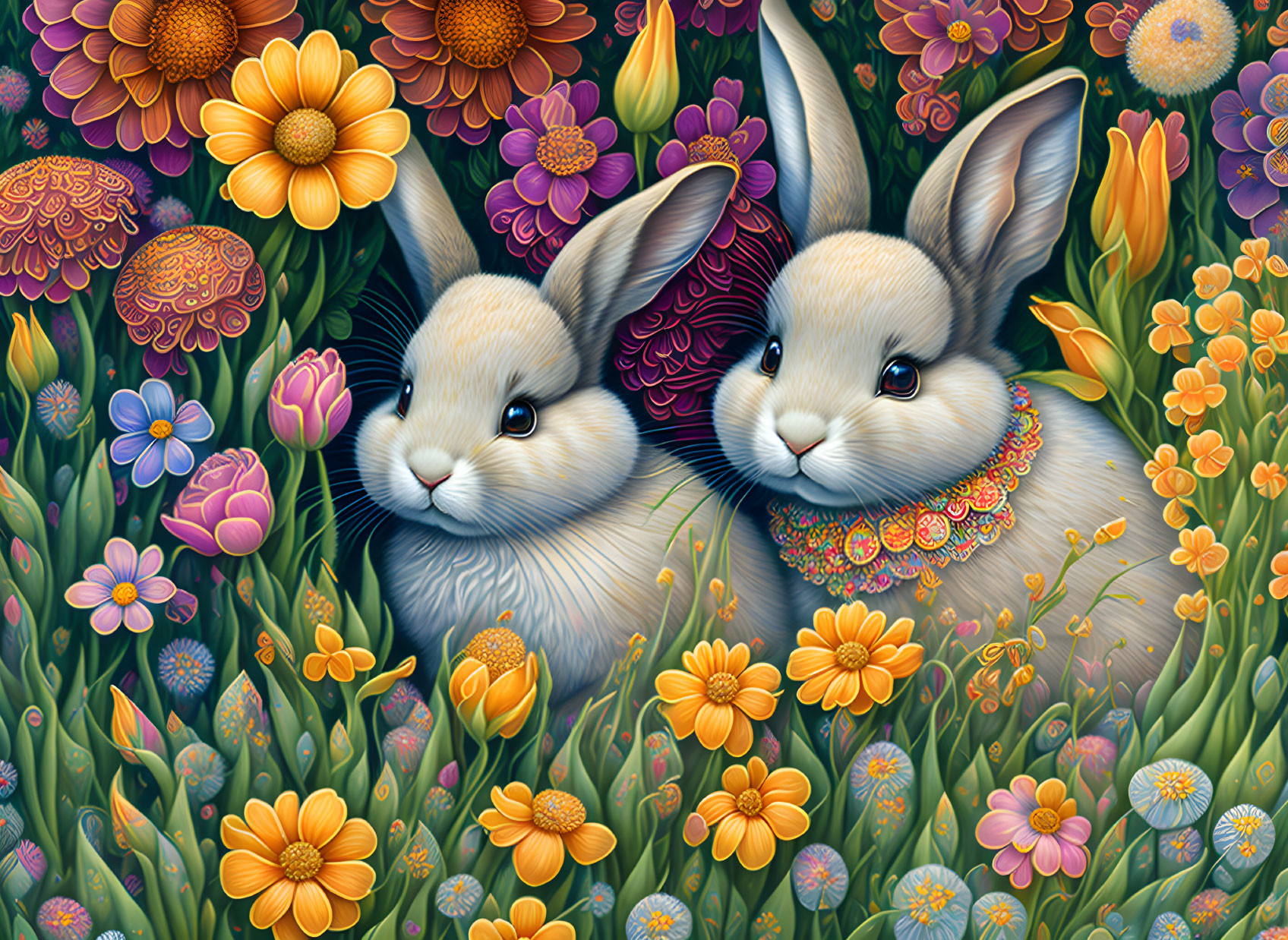 Intricately detailed rabbits with colorful flowers in whimsical setting