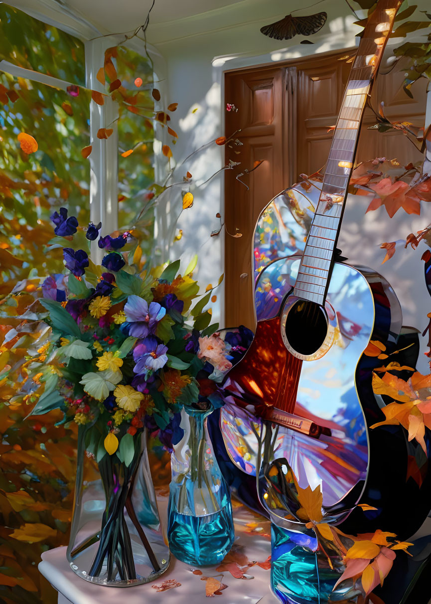 Guitar resting on white table with flowers and autumn leaves