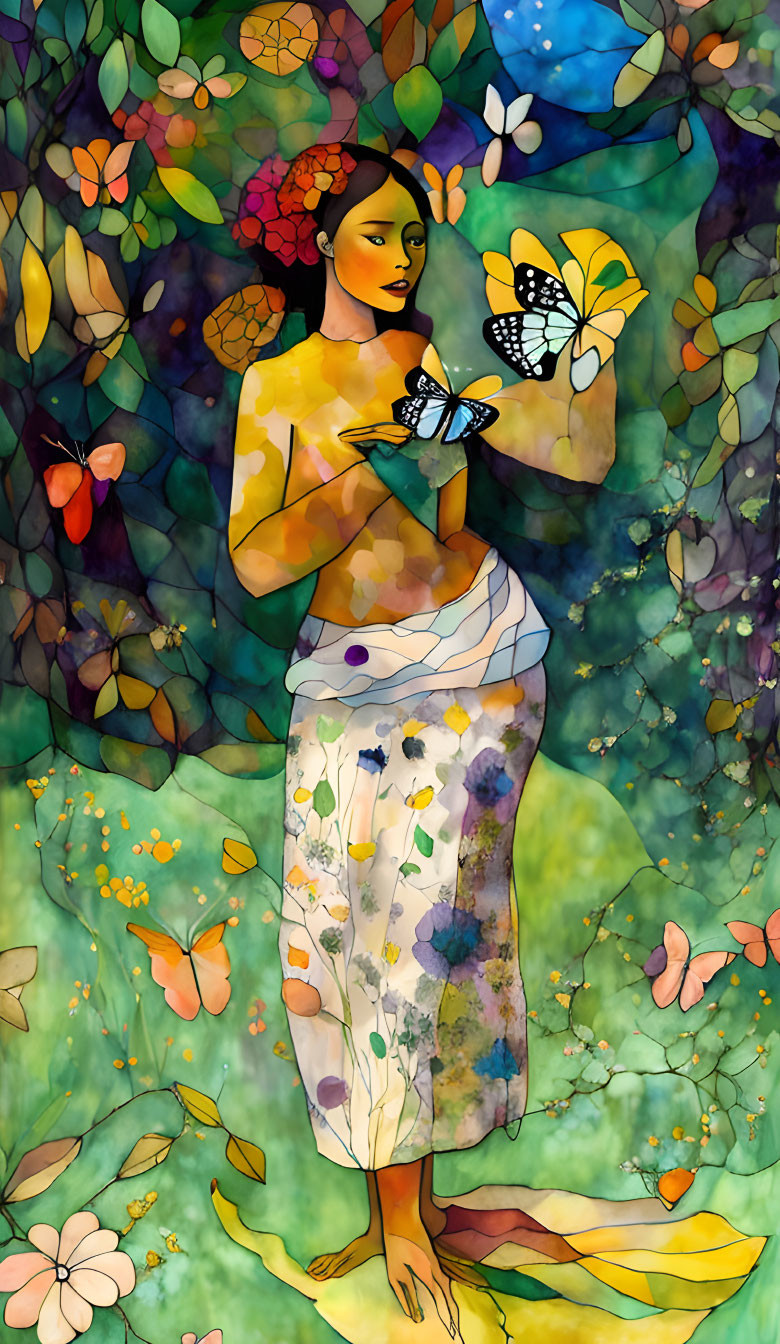 Colorful Woman Holding Butterfly Surrounded by Flora and Butterflies