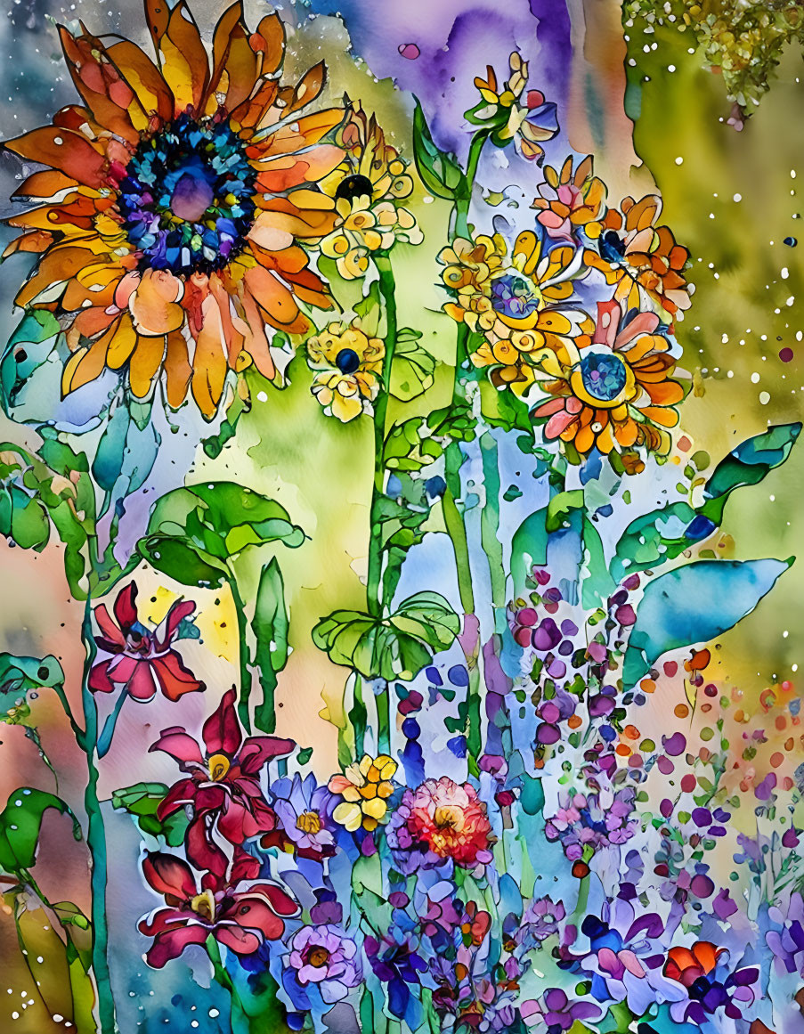 Assorted colorful flowers in vibrant watercolor painting