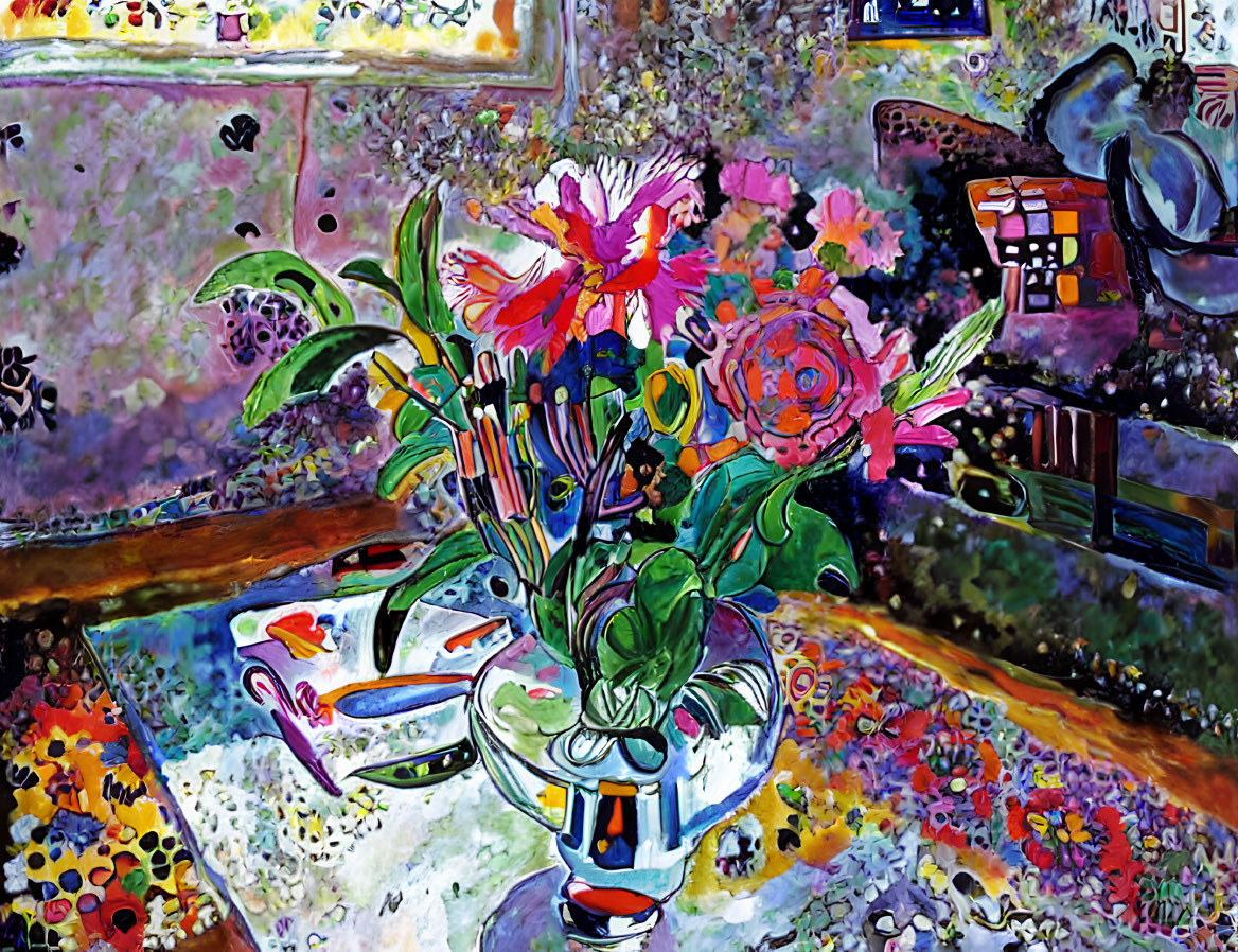 Colorful Expressionist Painting of Flowers in Vase in Decorated Room