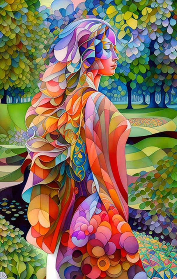 Colorful Stylized Woman in Flowing Cloak Blends with Mosaic Forest Background