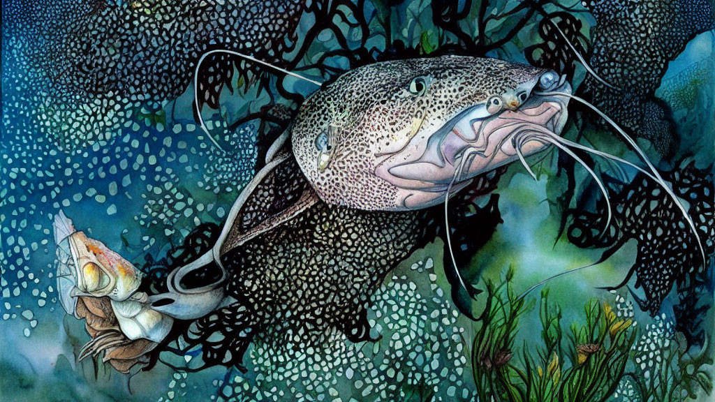 Detailed Underwater Scene with Large Speckled Catfish and Surprised Fish