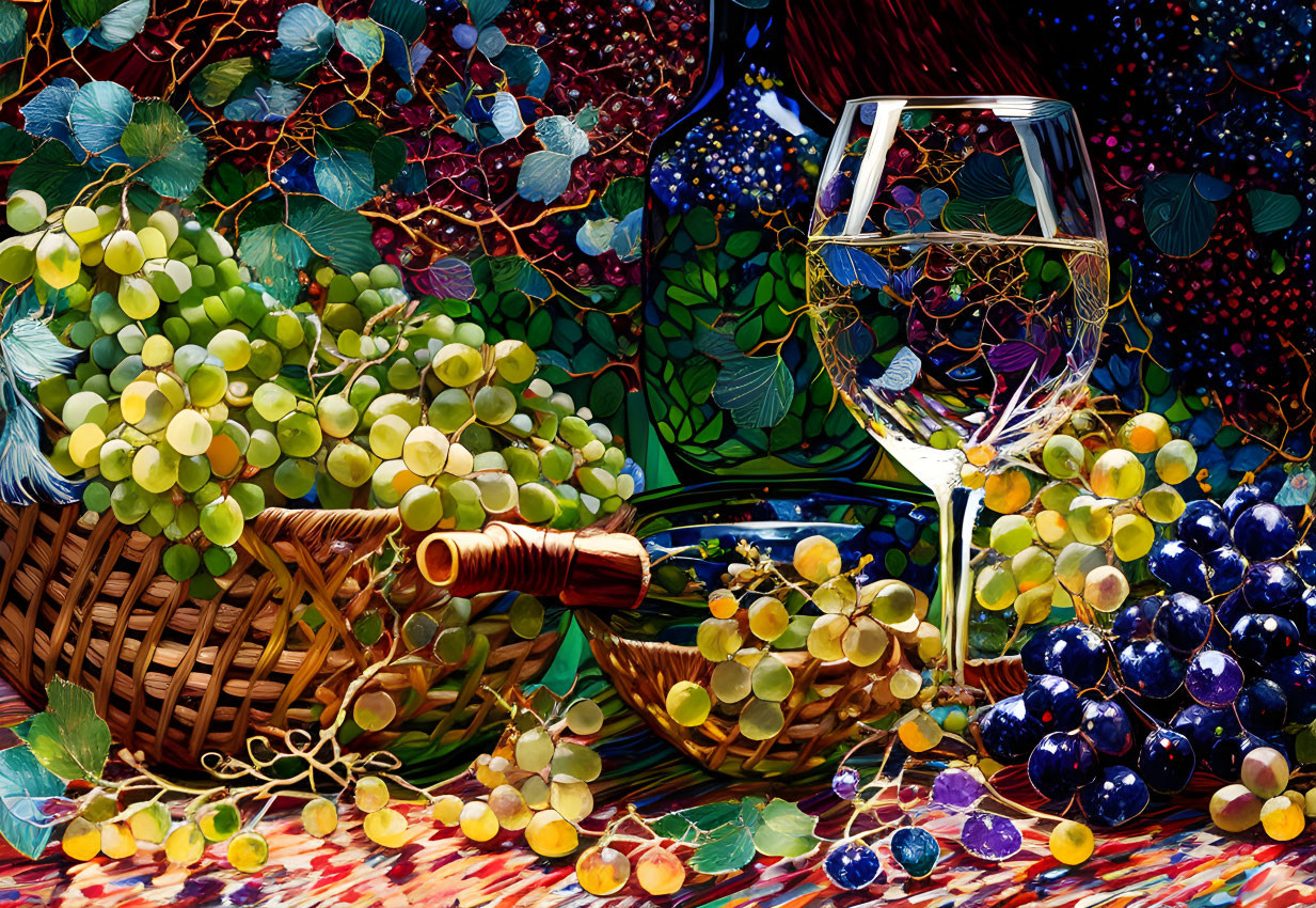 Vibrant still life: grapes, wine bottle, glass, grapevines, foliage