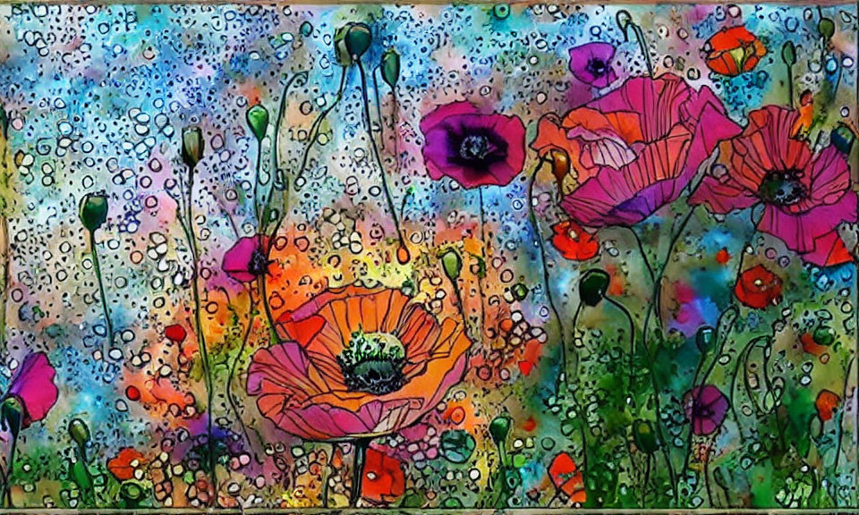 Colorful watercolor painting of poppies on speckled backdrop in blue, purple, and green