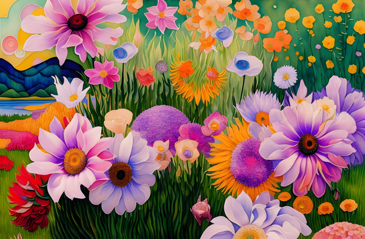 Colorful garden painting with daisies and poppies in green landscape