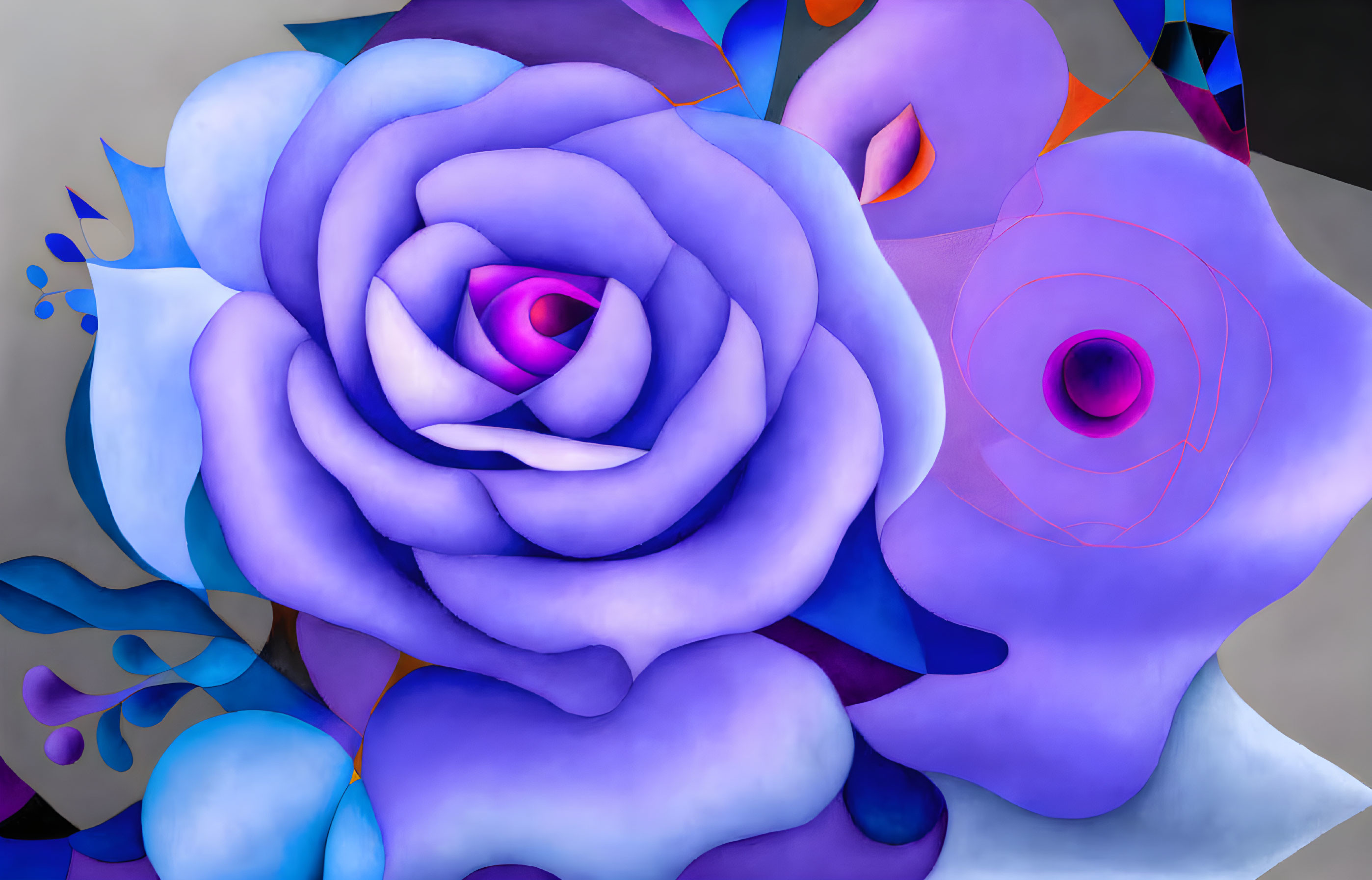 Abstract painting with stylized purple rose and dynamic blue shapes