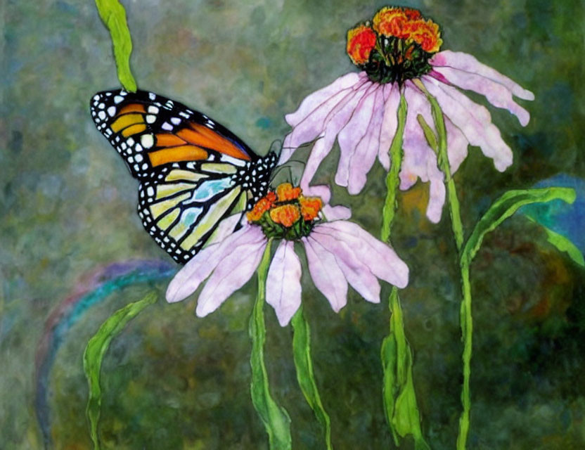 Colorful Monarch Butterfly on Pink Flower with Textured Blue-Green Background