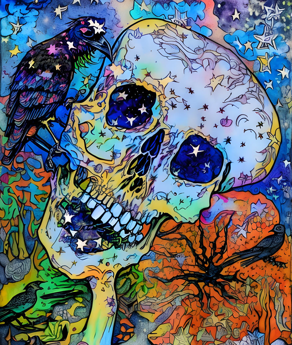 Colorful skull, raven, celestial patterns, and tree art.