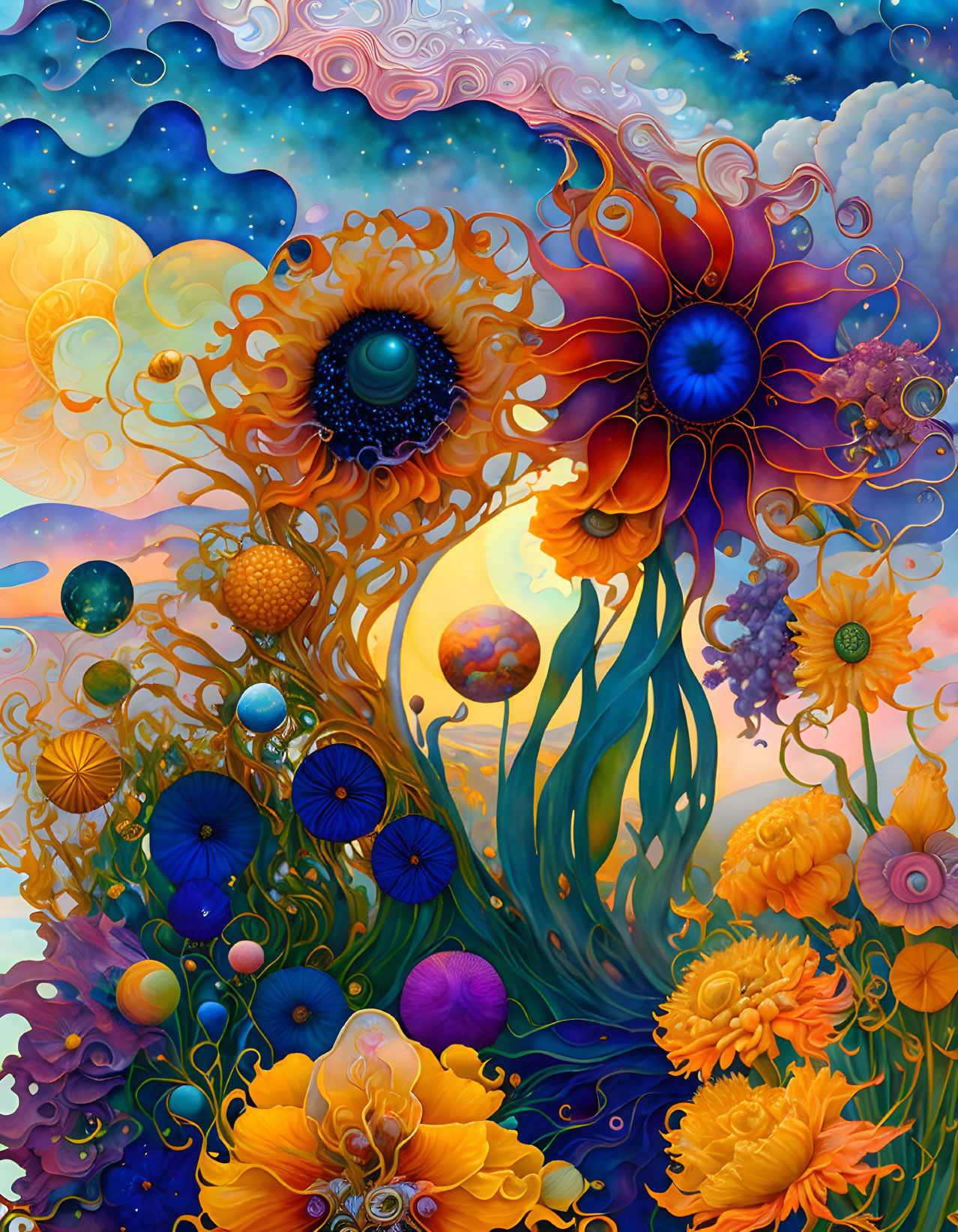 Colorful fantasy artwork: Flowers, cosmic patterns, eyes, surreal planets in nebulous sky