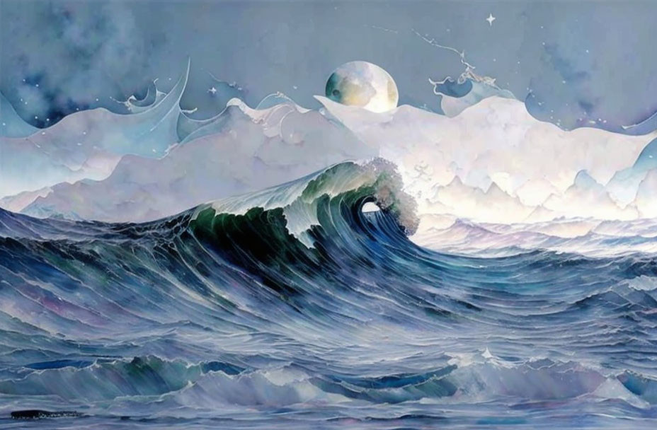 Surreal painting: Ocean wave merging with mountains under night sky