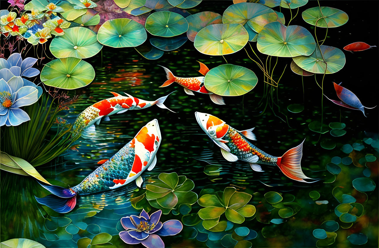 Colorful koi fish and lily pads in serene pond