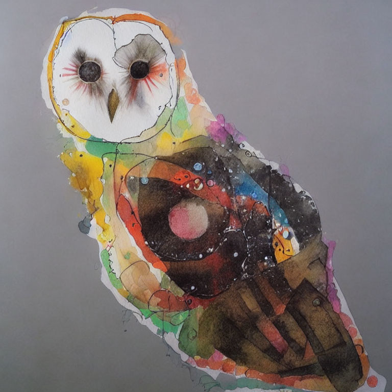 Vivid abstract watercolor owl painting with colorful ink detailing