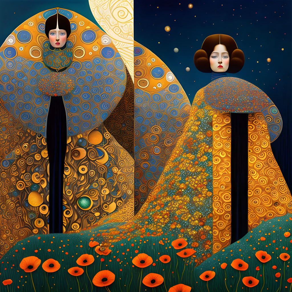 Stylized portraits of women as flowers in day and night settings