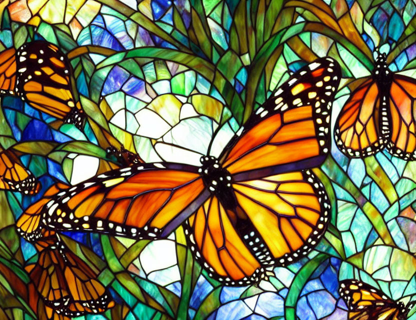 Colorful stained glass artwork: Orange monarch butterflies in green foliage