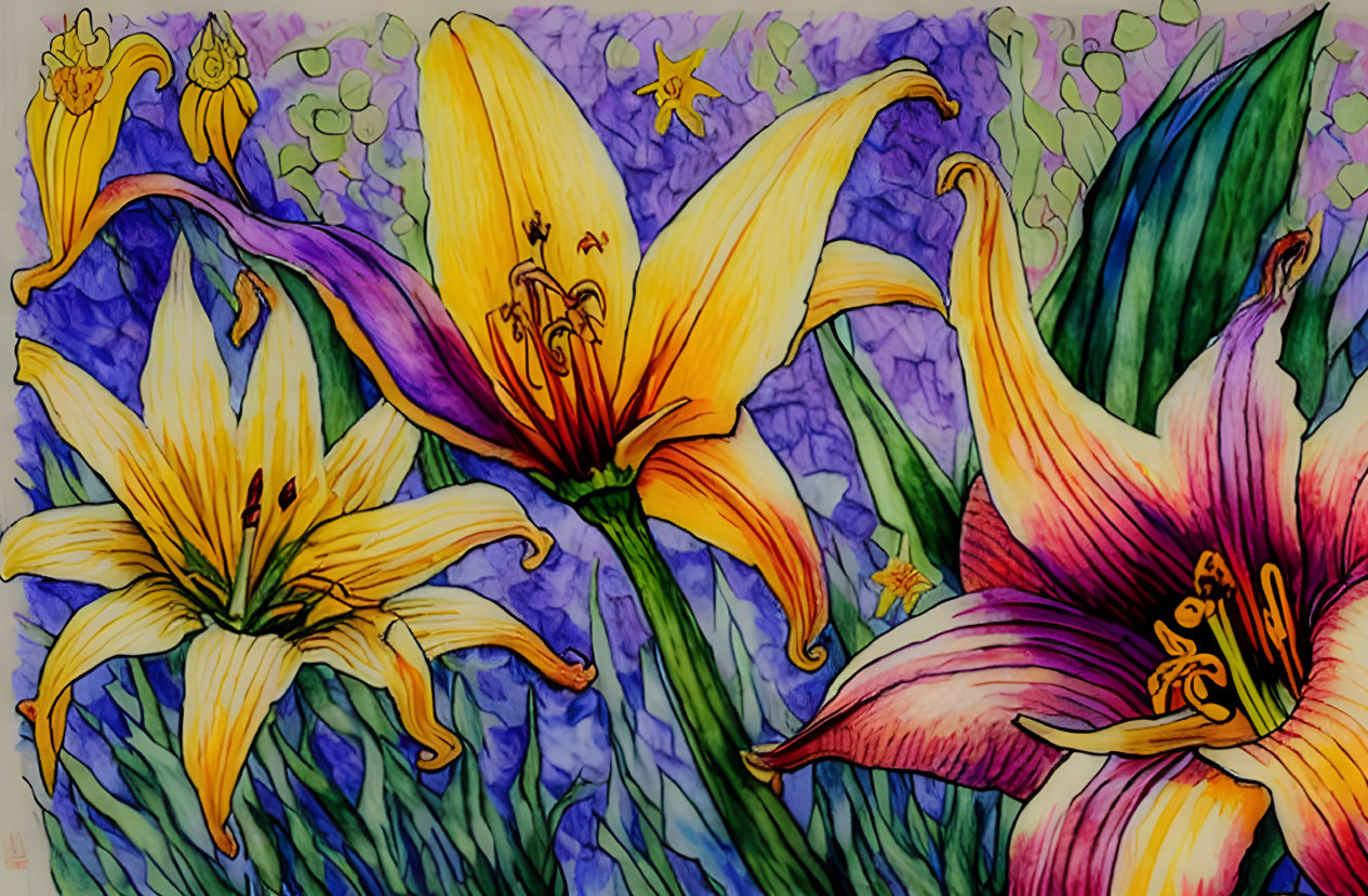 Colorful watercolor painting of three lilies on textured background with whimsical creatures