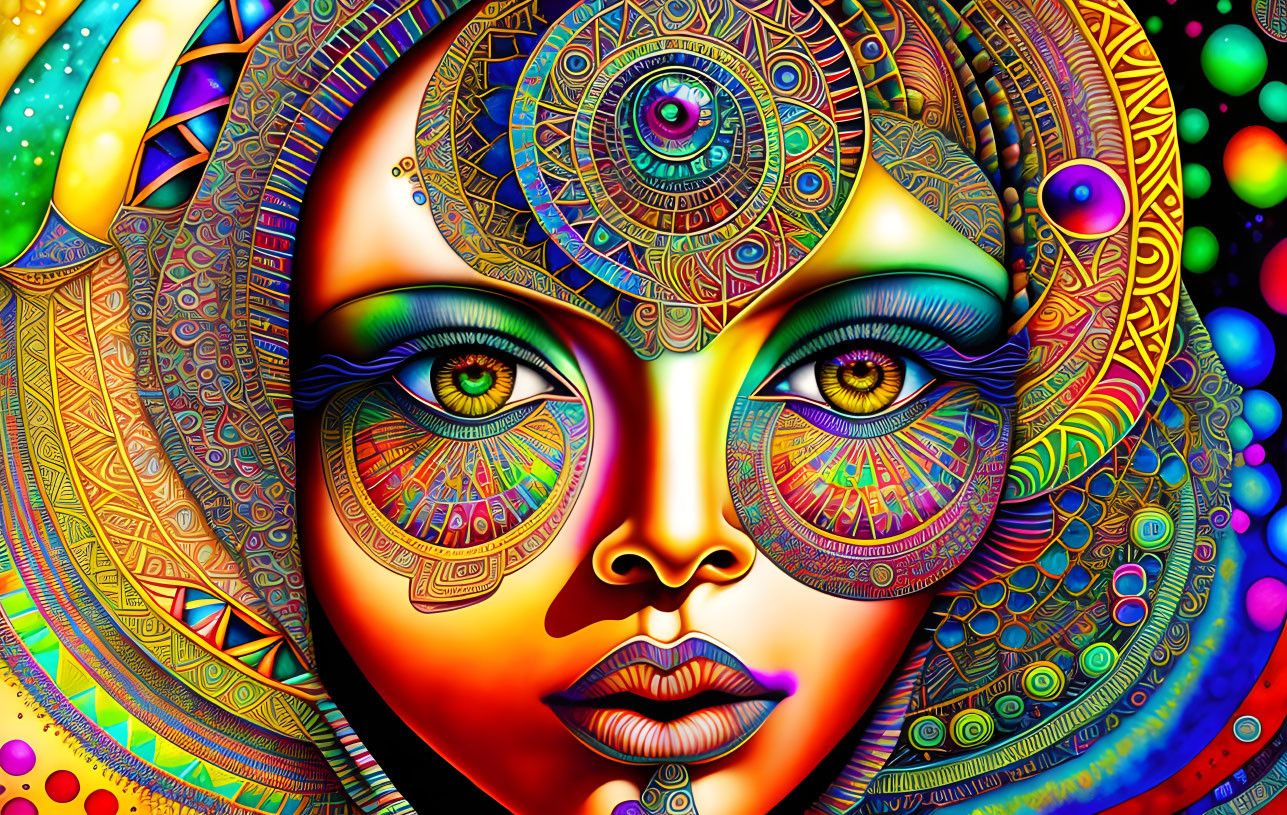 Colorful Psychedelic Artwork: Woman's Face with Cosmic and Tribal Motifs