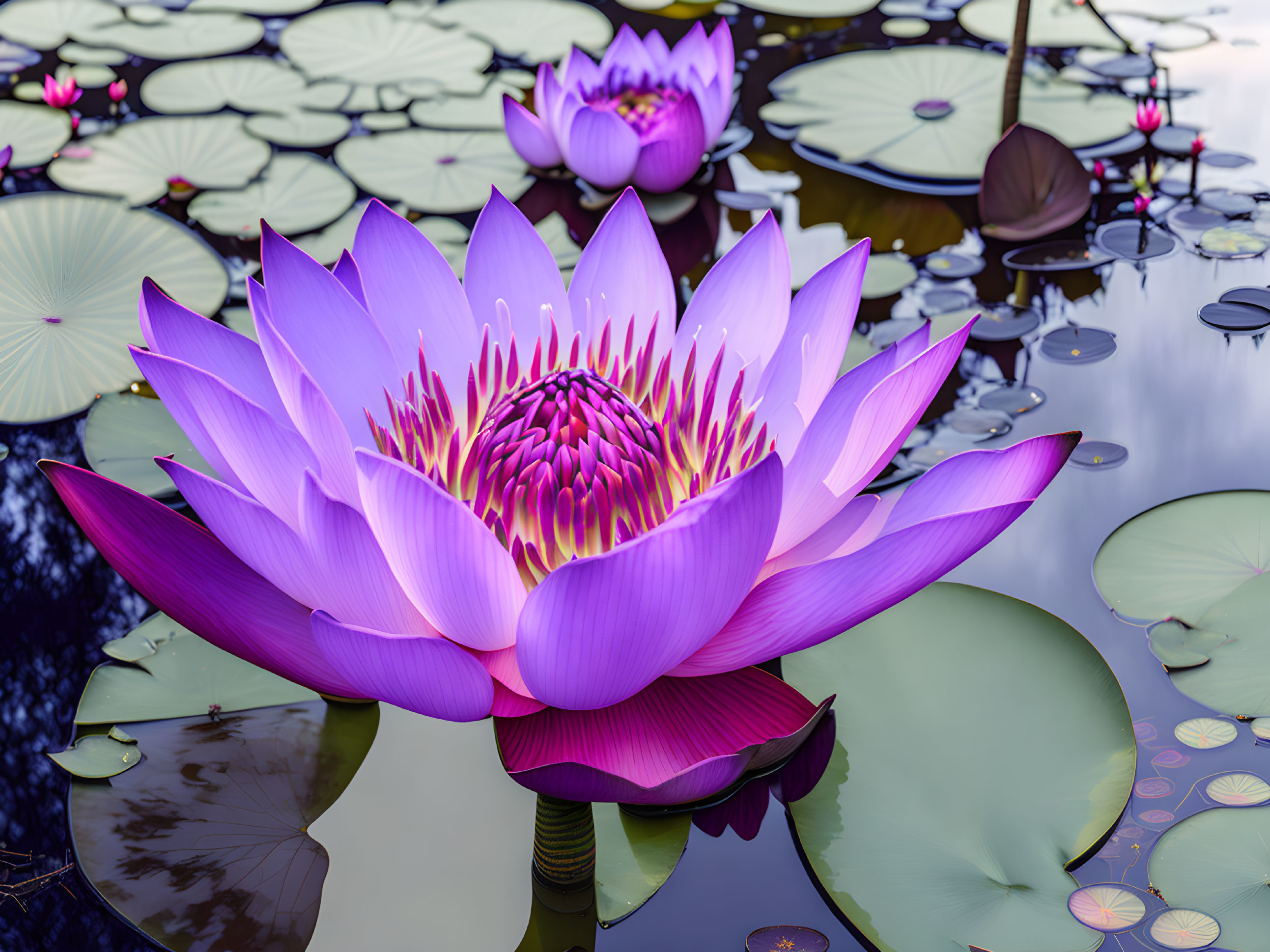 Purple water lily blooming in tranquil pond with lilypads and reflections