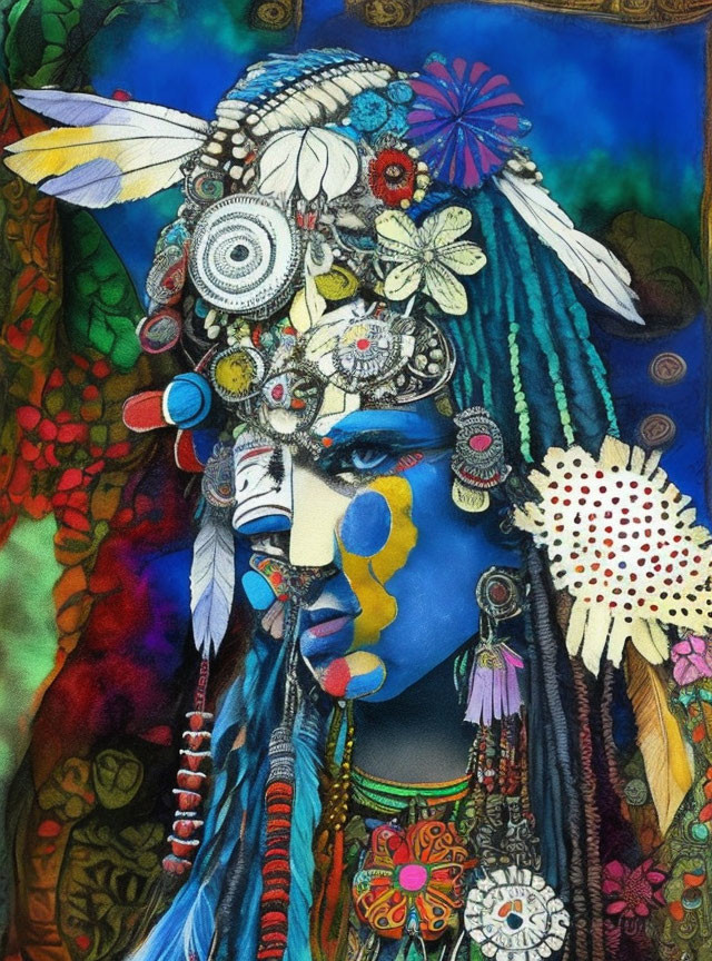 Colorful portrait of a person with blue skin and tribal headgear.