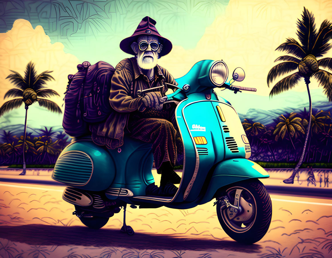 Elderly Man with Beard on Blue Scooter by Palm Tree