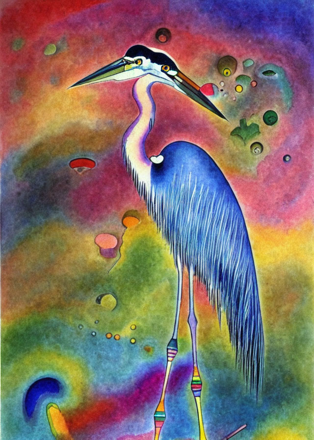 Colorful watercolor painting of stylized heron in abstract backdrop