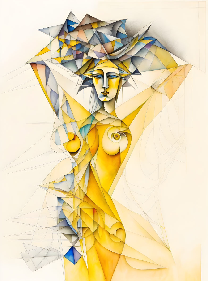 Abstract Cubist painting of figure with geometric hat and textured wings