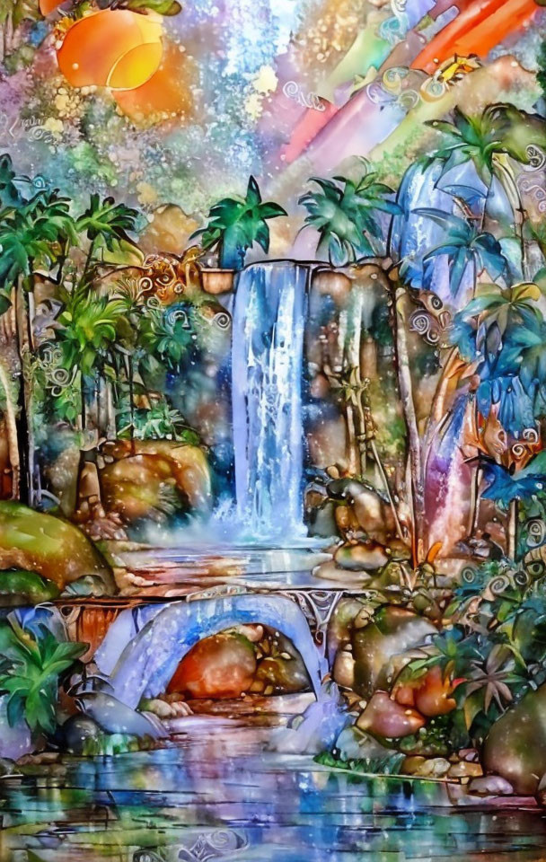 Colorful painting of waterfall in lush greenery with celestial bodies.