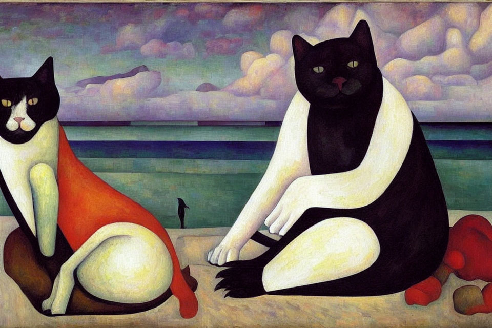 Stylized cats in human-like postures by the sea under a cloudy sky