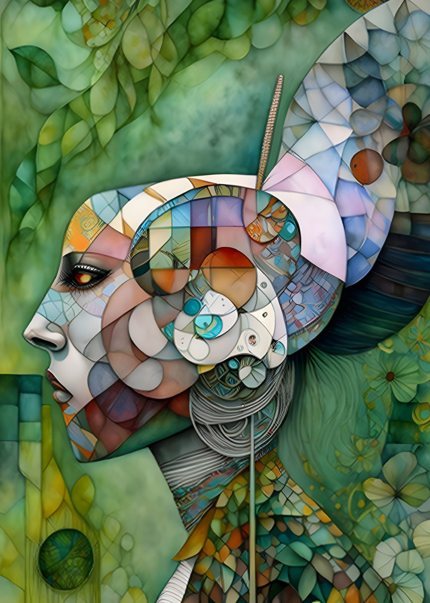 Woman's profile with mosaic complexion on green leafy backdrop