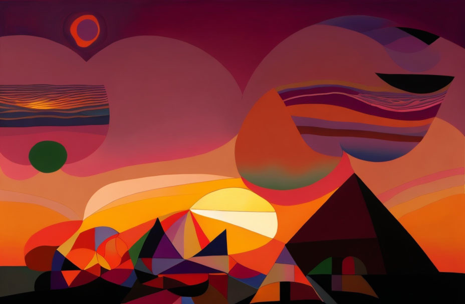 Geometric Warm-Toned Abstract Landscape with Spheres and Triangles