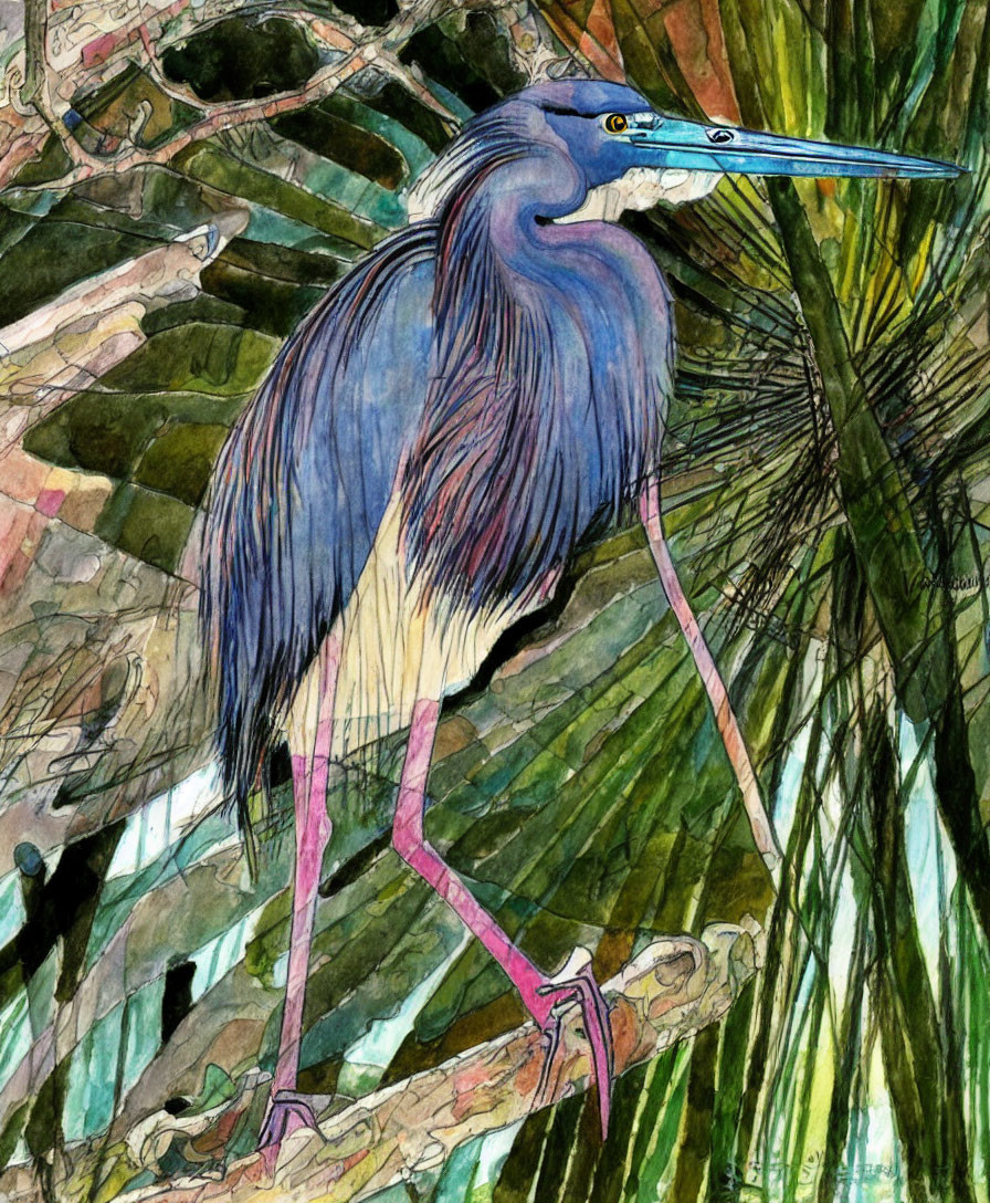 Colorful Heron Watercolor Painting on Branch with Green Foliage