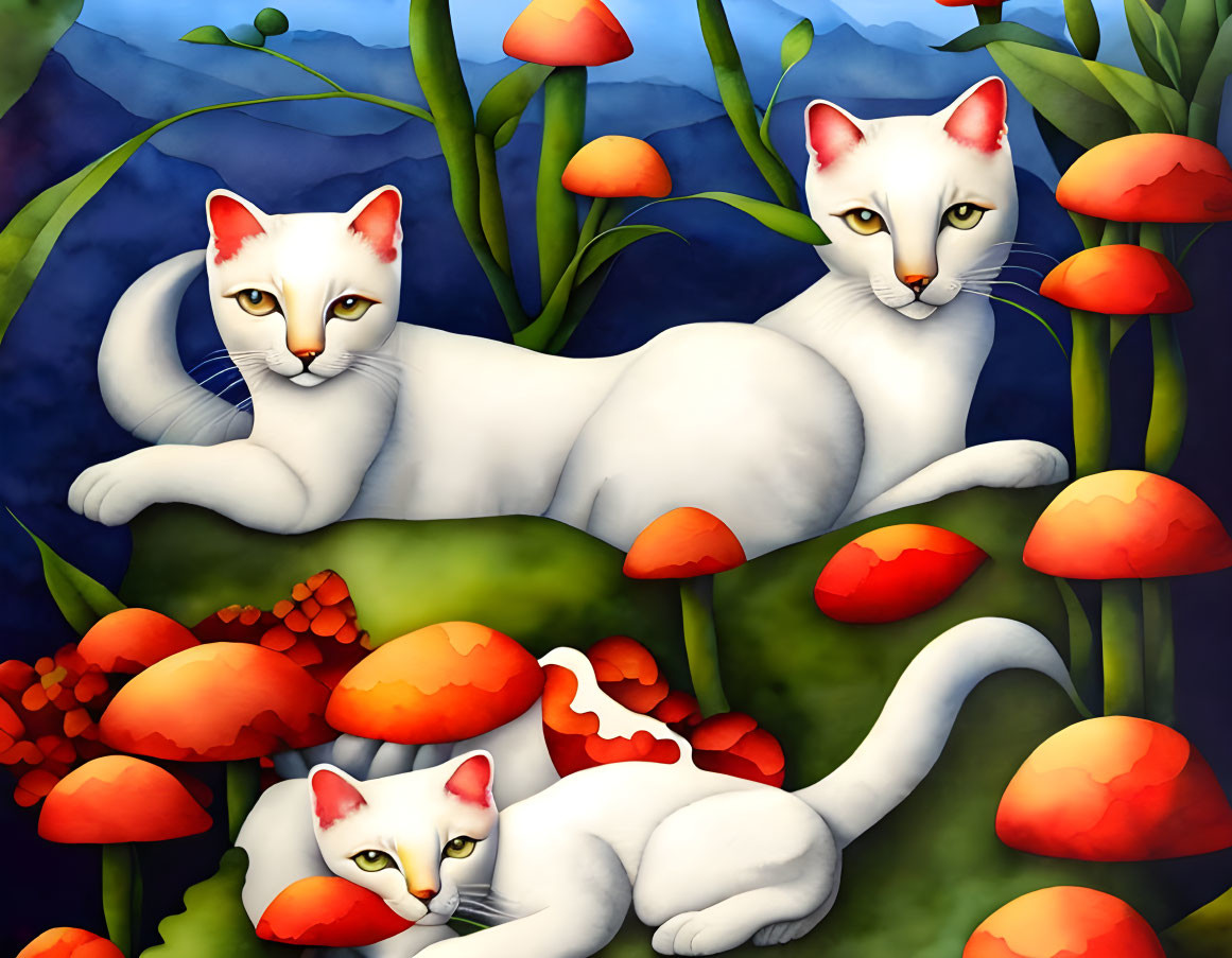 White Cats with Yellow Eyes Among Mushrooms and Plants on Dark Blue Background