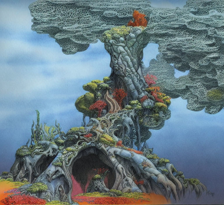 Stone tree-like structure in fantasy landscape with colorful moss and foliage against cloudy sky