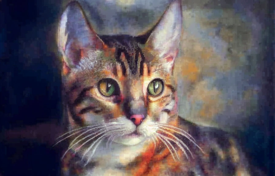 Digital painting of a cat with green eyes and multicolored fur.