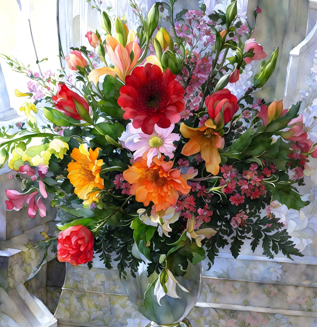 Colorful floral arrangement in glass vase with red, pink, orange, and yellow blossoms