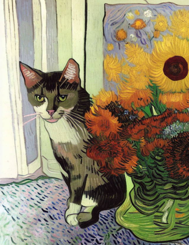 Grey and White Cat with Sunflowers in Van Gogh Style