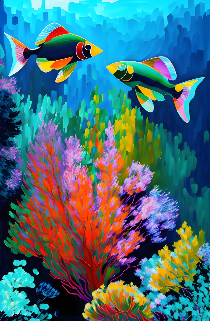 Colorful coral reef with vibrant fish swimming in blue water