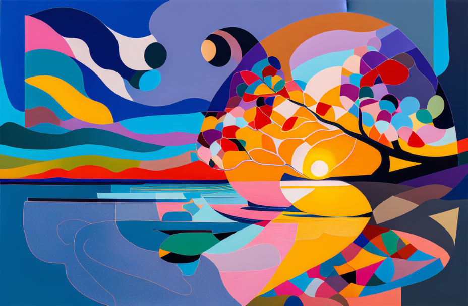 Vibrant blue, orange, and pink abstract art with flowing shapes and patterns